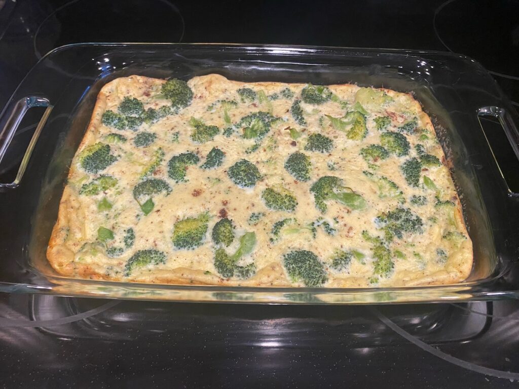 image shows crustless broccoli quiche baked and ready to eat
