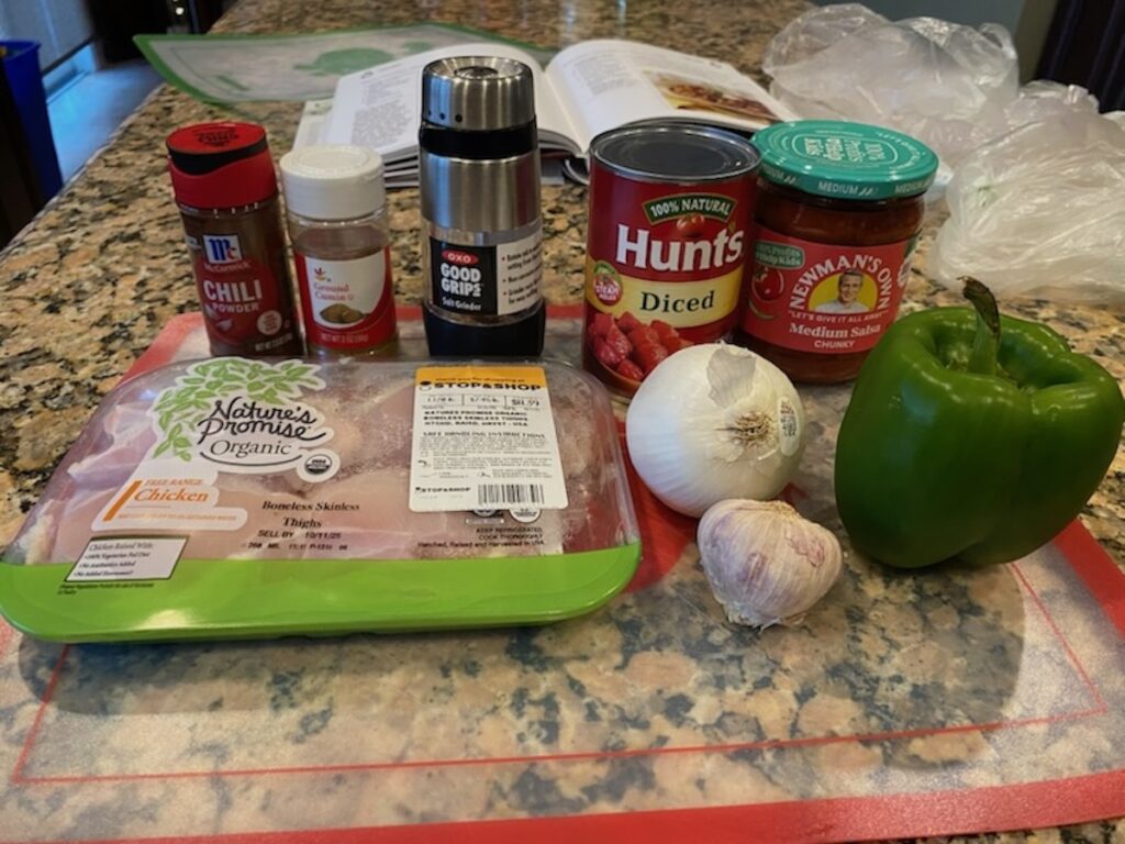image shows ingredients for slow cooker no bean chili recipe