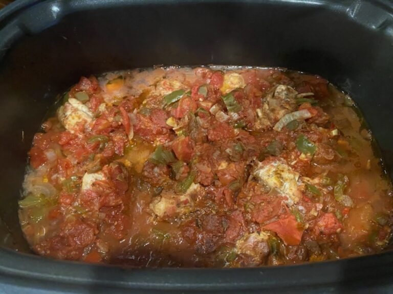 image shows slow cooker no bean chili fully cooked