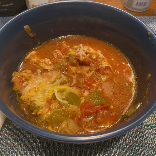image shows slow cooker no bean chicken chili in bowl