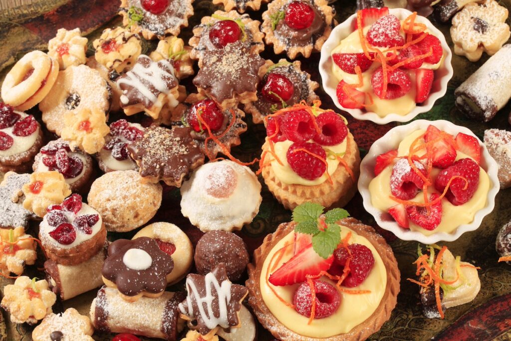 image shows sugary treats - pastries and cookies