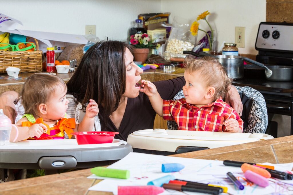 busy mom with two babies, practicing self-compassion